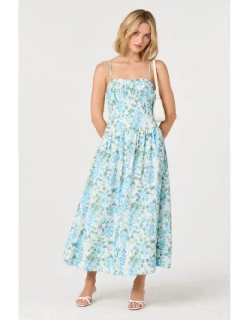 NWT ASTR the Label Capria Pleated Milkmaid Midi Dress, Blue Green floral | Small